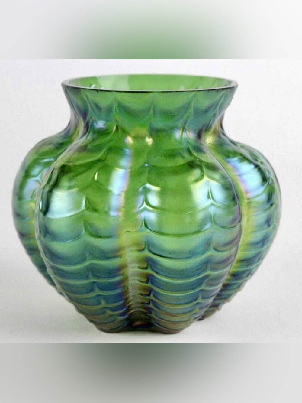 Antique Kralik/Welz Iridescent Green Draped/Festooned Art Glass Vase